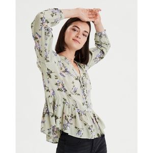 American Eagle Pastel Green Flowy Floral Blouse